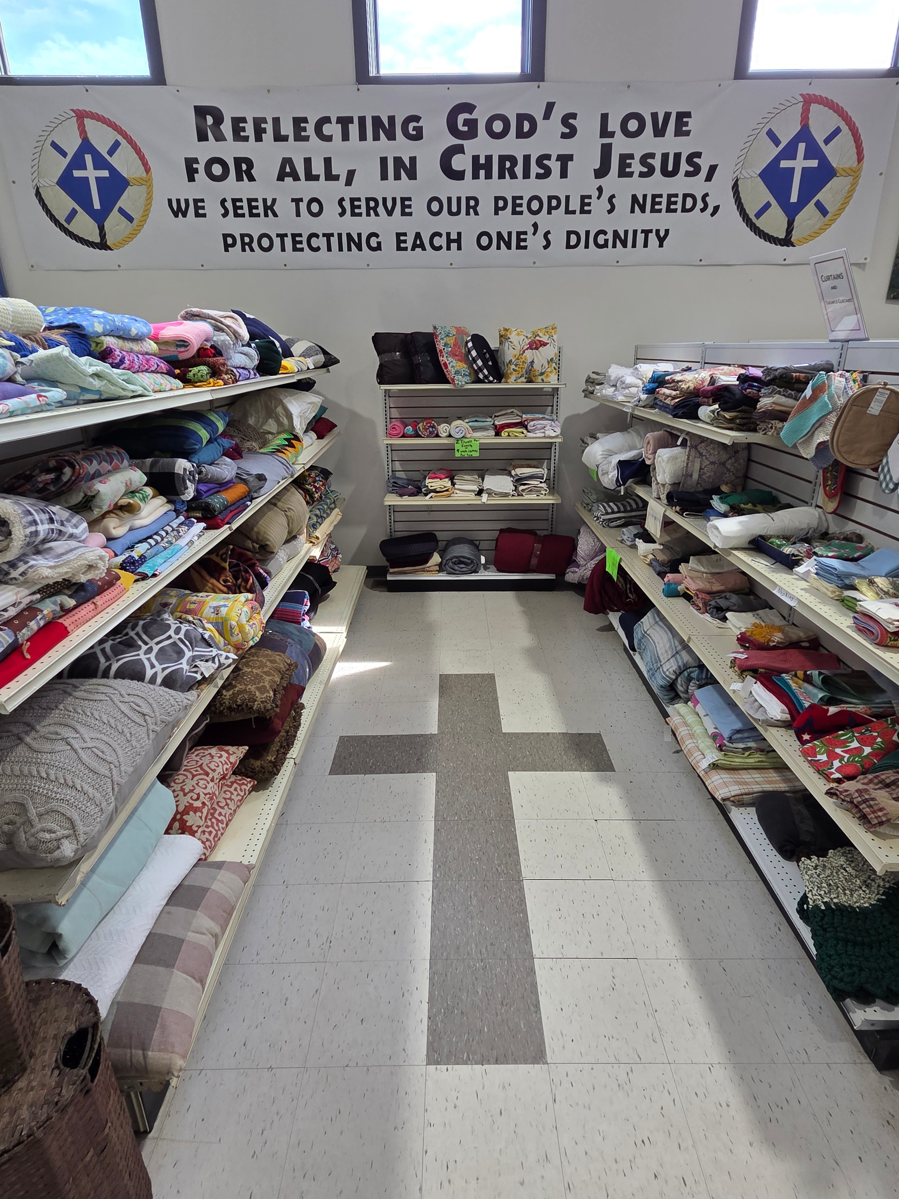 Main floor clothing and fabric displays